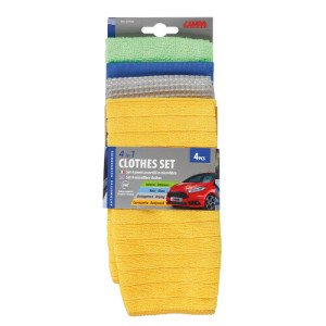 Zestaw czterech ścierek do różnych zastosowań przy czyszczeniu samochodu