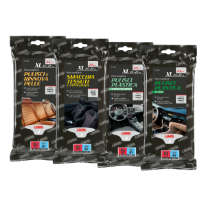 Zestaw czterech (4) różnych pakietów wilgotnych chusteczek do pielęgnacji wnętrza pojazdu